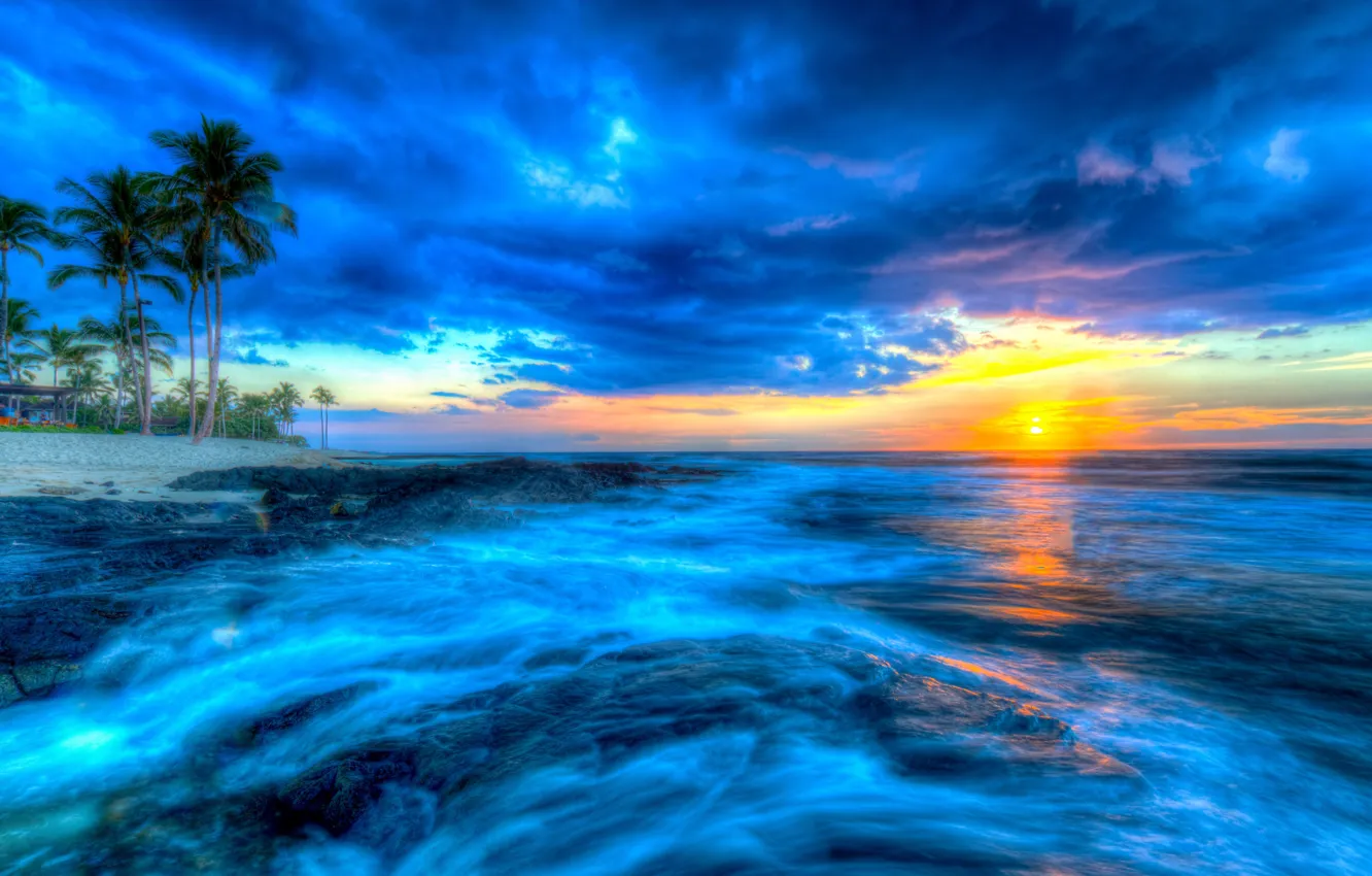 Photo wallpaper sunset, tropics, palm trees, the ocean, Hawaii, Pacific Ocean, Hawaii, The Pacific ocean
