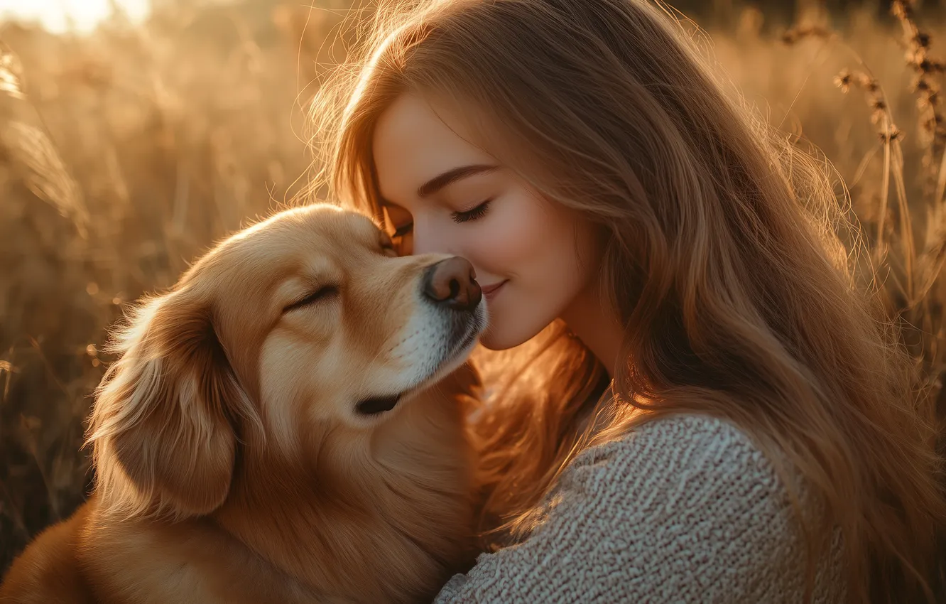Photo wallpaper field, girl, love, smile, each, dog, weasel, closed eyes