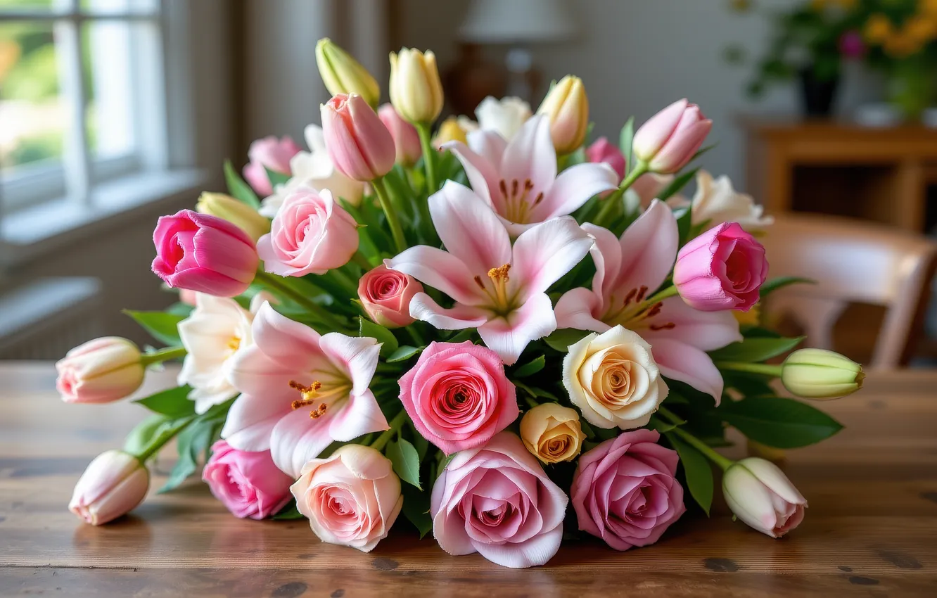 Photo wallpaper flowers, table, room, Lily, roses, bouquet, window, tulips
