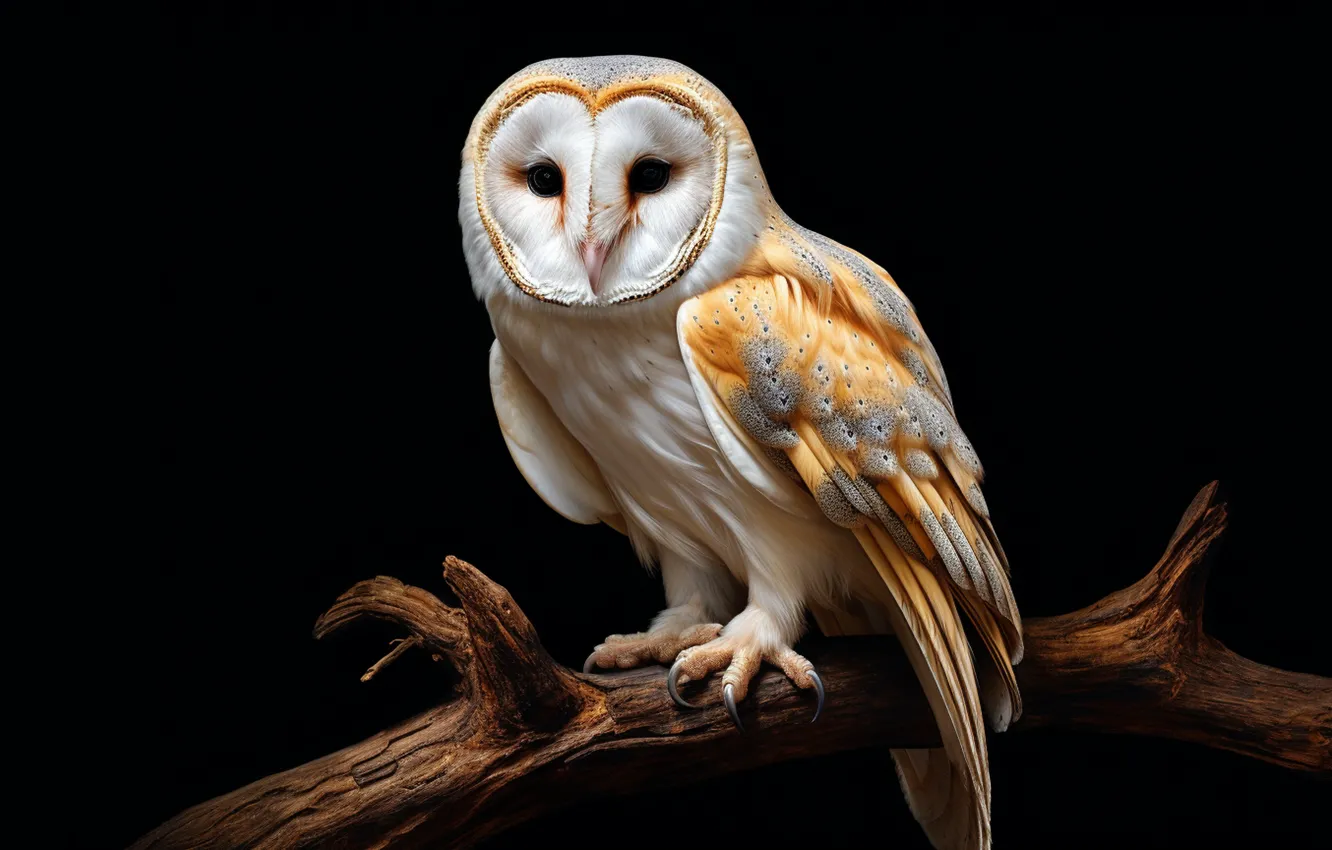Photo wallpaper look, owl, bird, black background, the barn owl, AI art, neural network