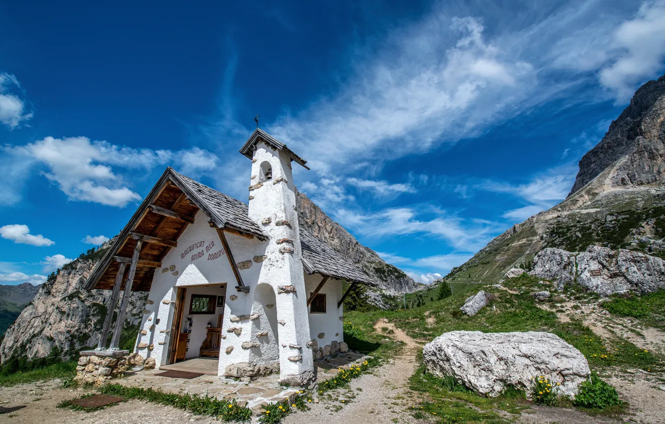 Photo wallpaper clouds, mountains, stones, Italy, structure, path, blue sky, The Dolomites