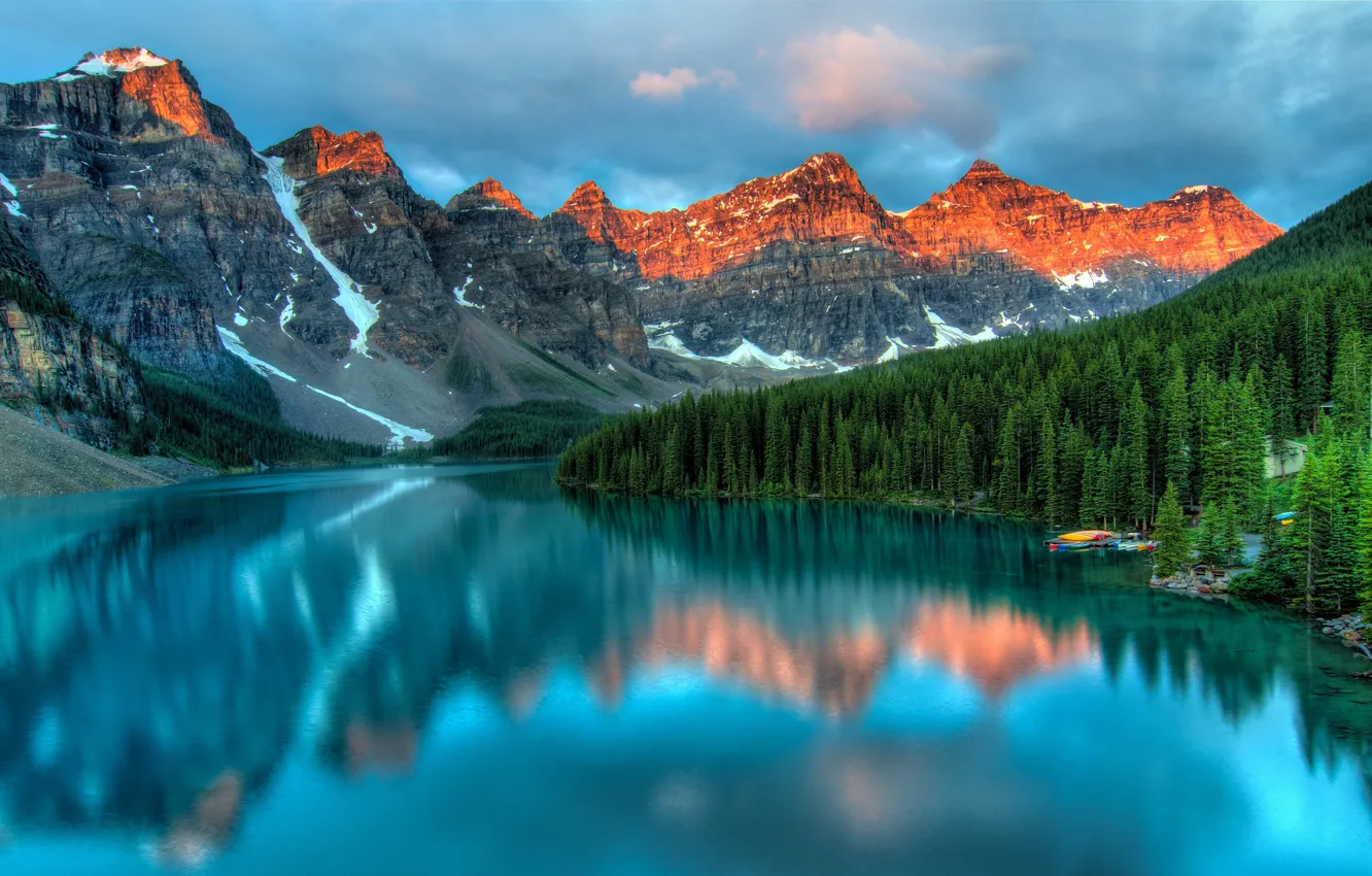 Photo wallpaper forest, the sky, water, clouds, light, snow, mountains, lake