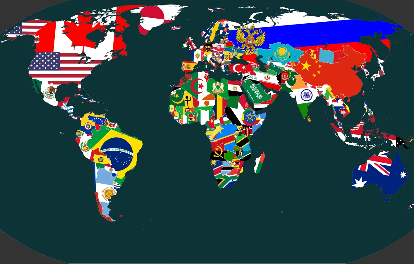 Photo wallpaper Map, Planet, Australia, Flags, Africa, Continents, Map, Country