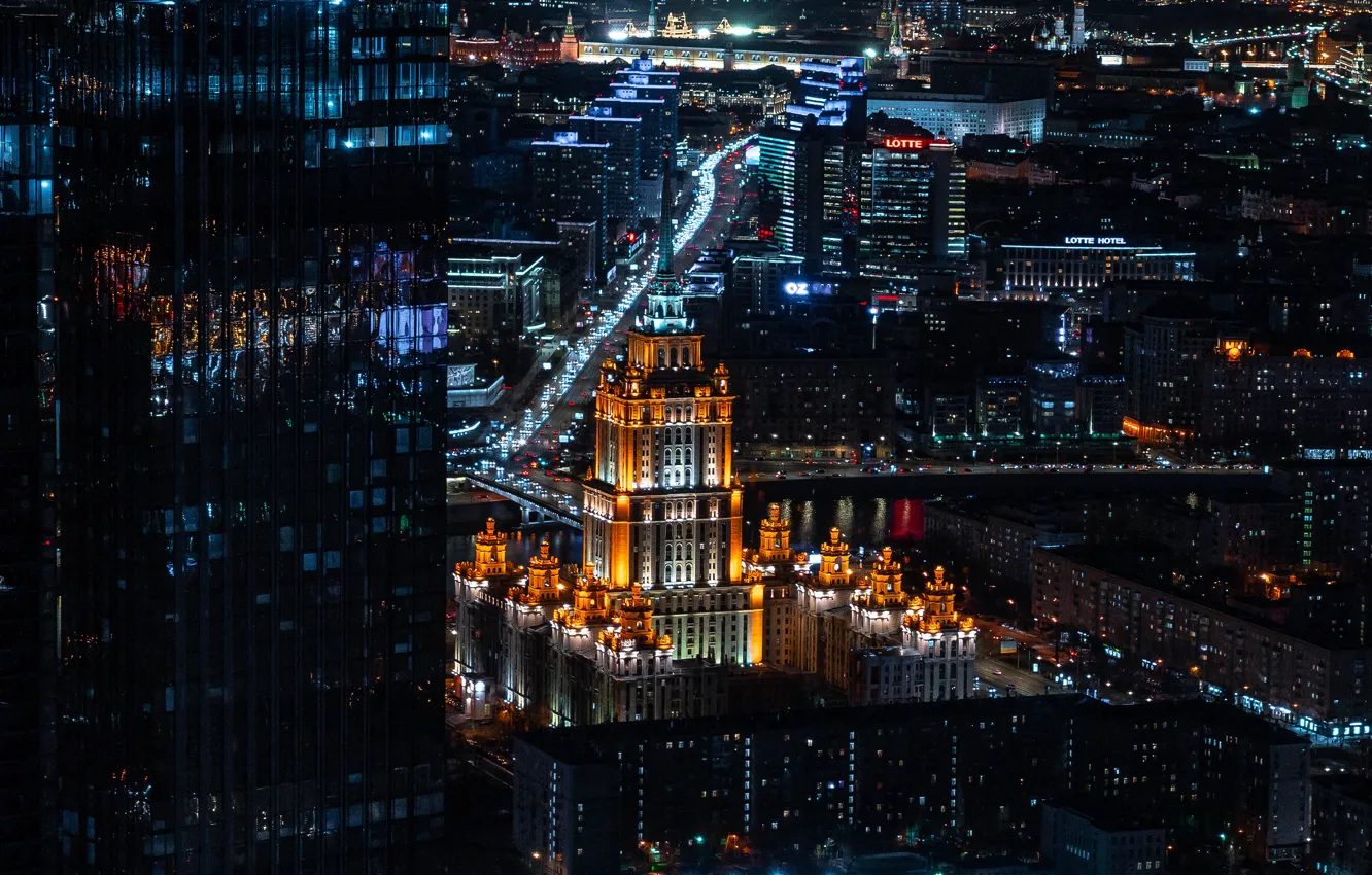 Photo wallpaper city, lights, Moscow, night, skyscraper, roads, Moscow, buildings