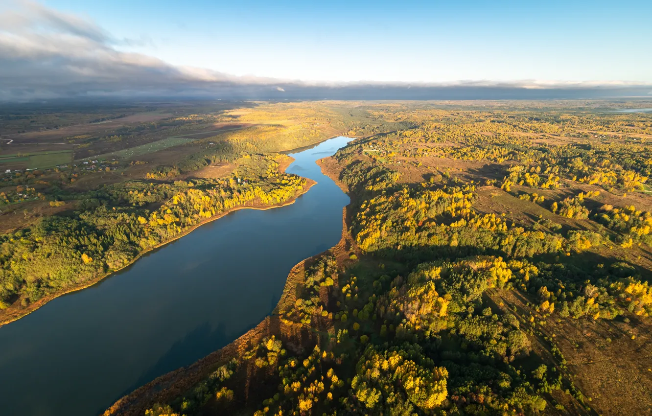 Photo wallpaper autumn, forest, the sky, clouds, light, trees, lake, river