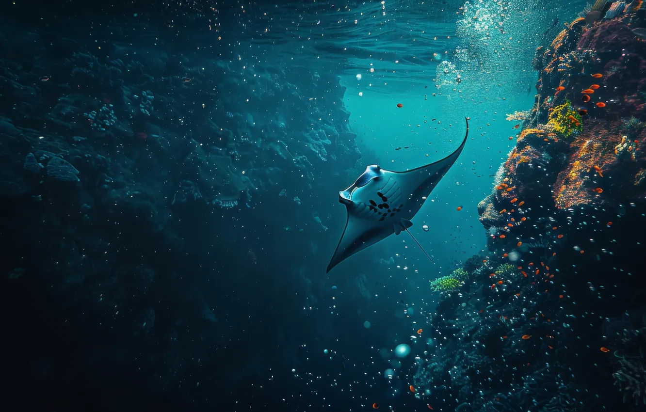 Photo wallpaper SKAT, underwater world, digital art, AI art, The Art of Artificial Intelligence, neural network