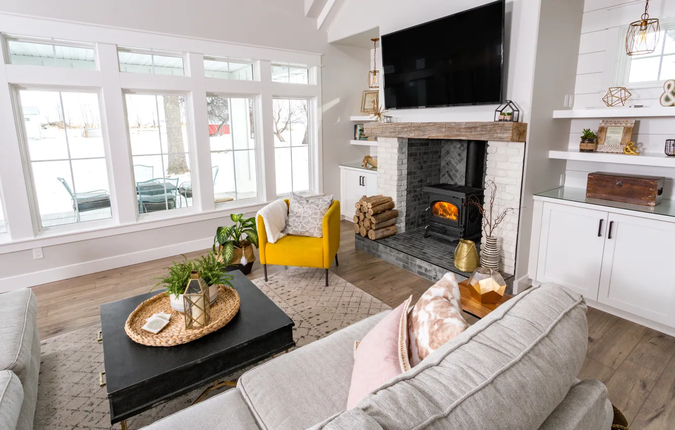 Photo wallpaper design, style, room, interior, fireplace, living room, upholstered furniture, living room interior