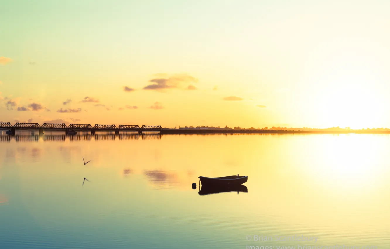 Photo wallpaper river, boat, morning, ILO, sunrise and calmness
