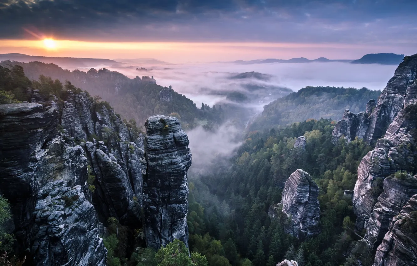 Photo wallpaper Clouds, Landscape, Sunrise, Mist, Rocks, Fog, Saxon Switzerland