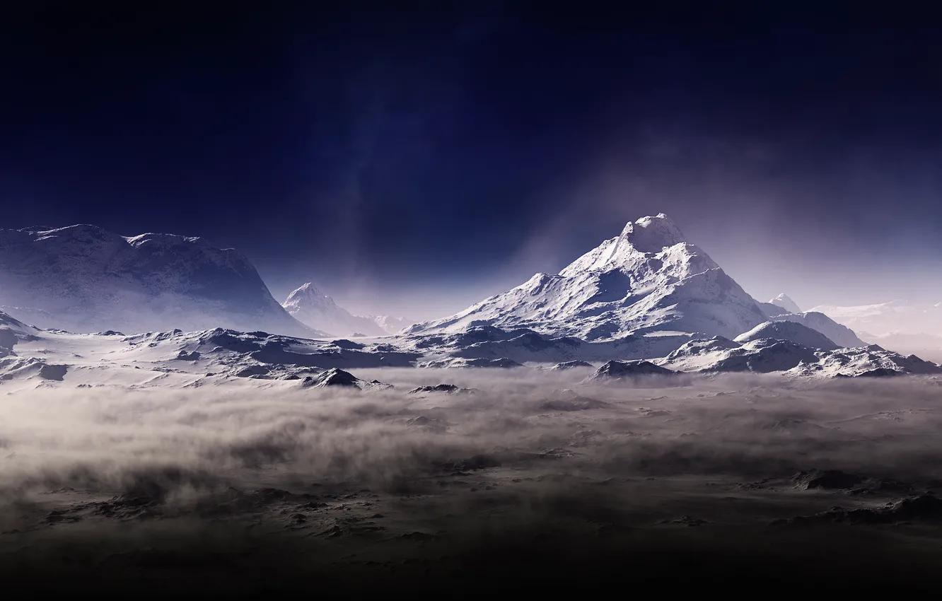 Photo wallpaper mountains, fog, darkness, dust, art, haze