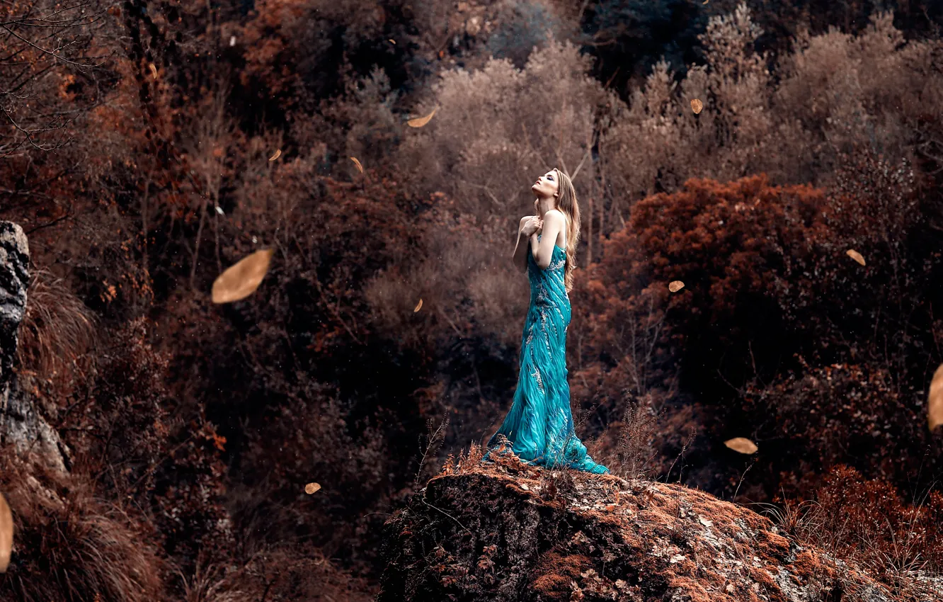 Photo wallpaper leaves, girl, the wind, dress, Alessandro Di Cicco, Ray Of Light