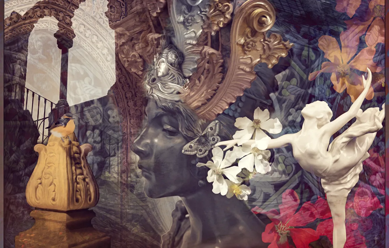 Photo wallpaper girl, flowers, collage, art, statue, ballerina