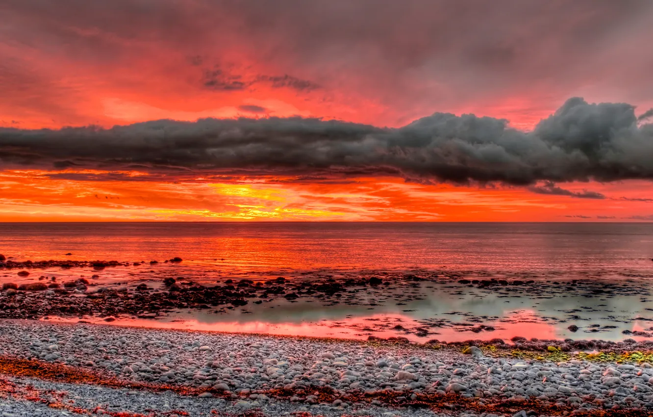 Photo wallpaper sea, the sky, clouds, stones, shore, glow