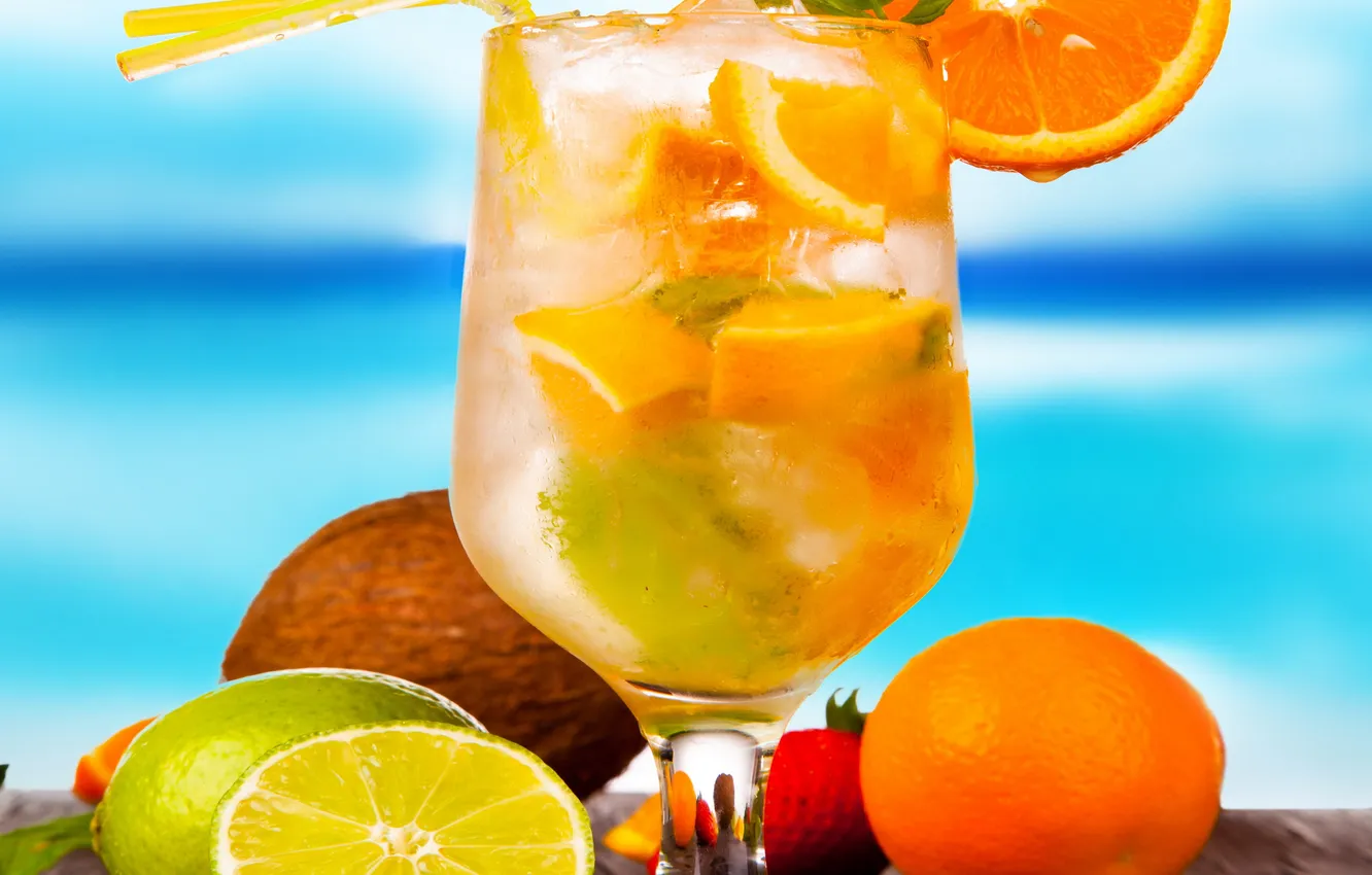 Photo wallpaper summer, beach, fresh, fruit, orange, drink, cocktail, tropical