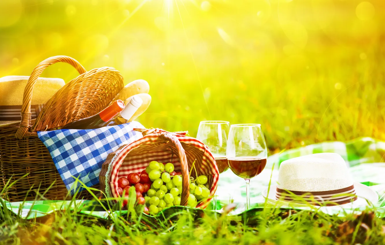 Photo wallpaper greens, grass, glare, wine, basket, glade, glass, bottle