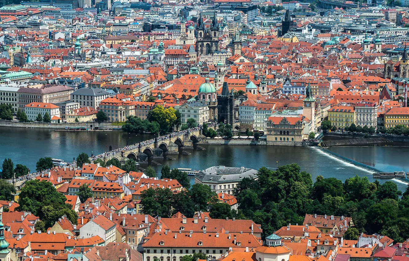 Photo wallpaper home, Prague, Czech Republic, panorama, Charles bridge, the Vltava river