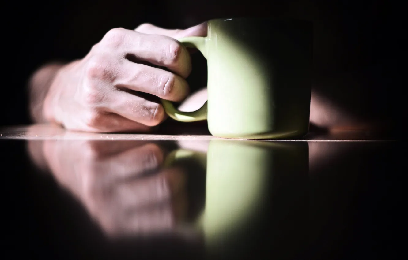 Photo wallpaper HAND, REFLECTION, TABLE, SURFACE, CUP