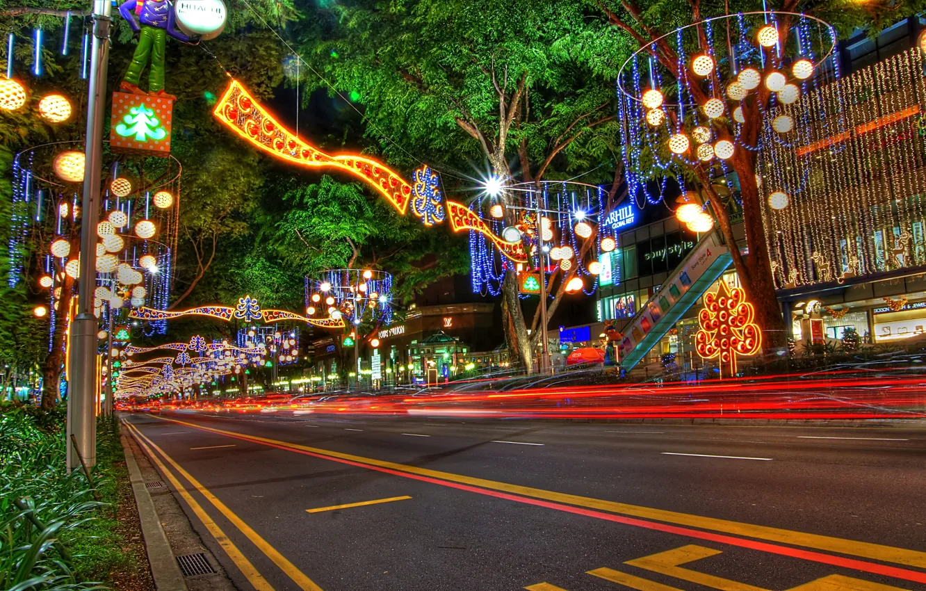 Photo wallpaper decoration, trees, lights, street, new year, the evening, lights, Singapore