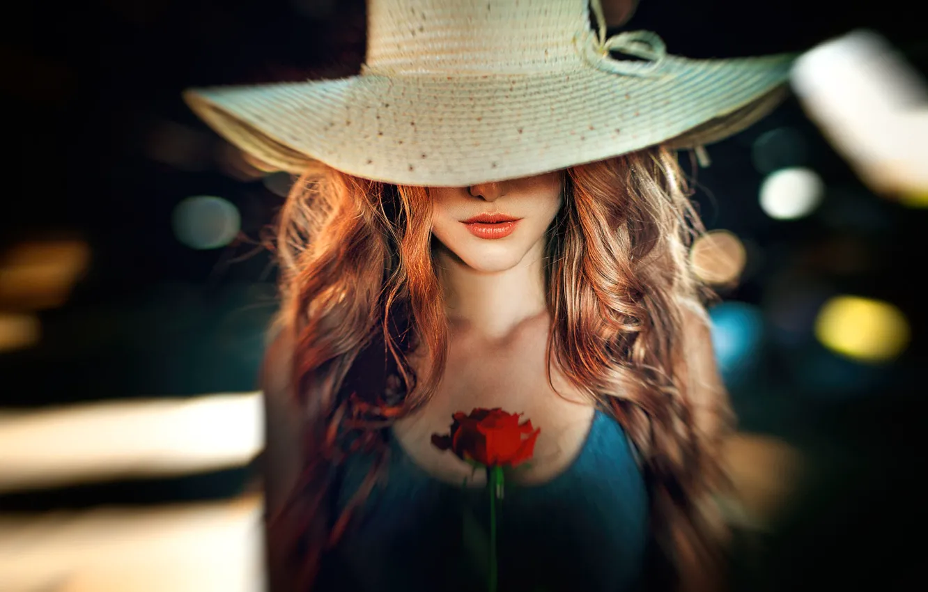 Photo wallpaper girl, flowers, roses, hat, makeup, blonde, curls, bokeh