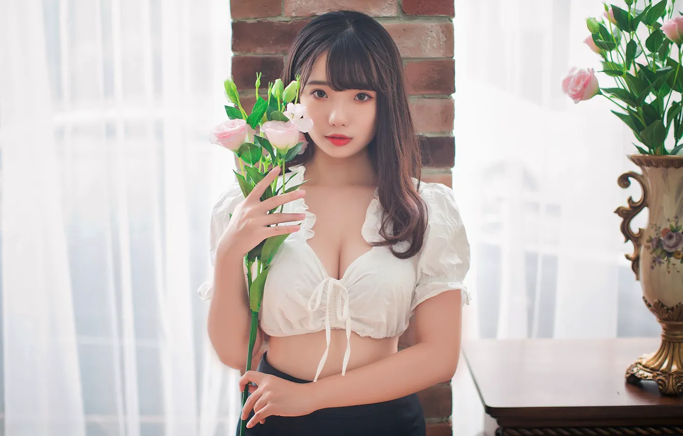 Photo wallpaper girl, roses, Asian, cutie