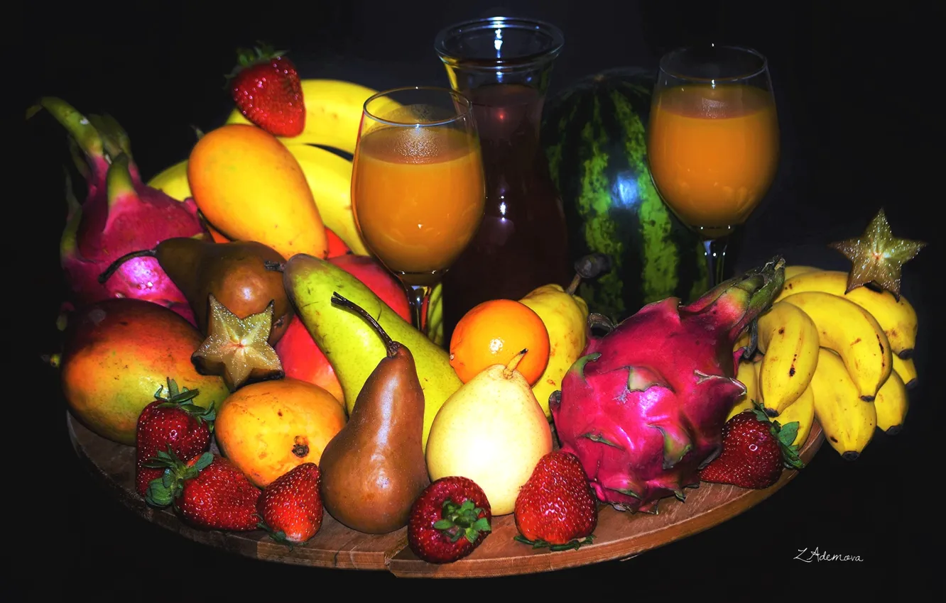 Photo wallpaper berries, watermelon, strawberry, juice, pear, fruit, mango, banana