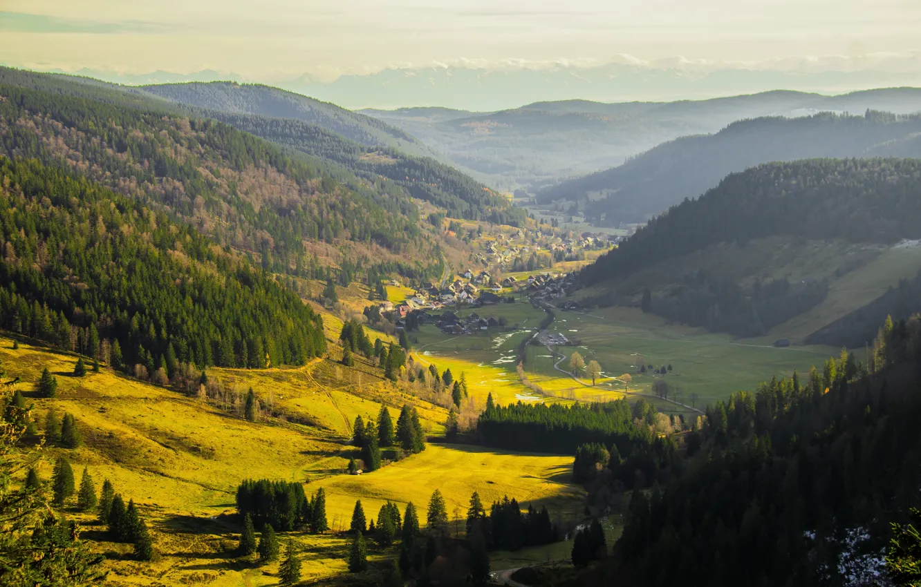 Photo wallpaper forest, mountains, hills, Alps, house