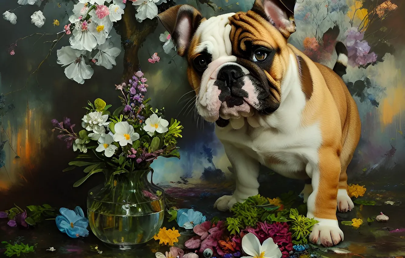 Photo wallpaper summer, look, flowers, nature, portrait, dog, bouquet, petals