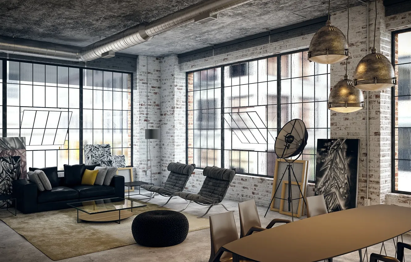 Photo wallpaper design, interior, living room, dining room, loft, industrial style