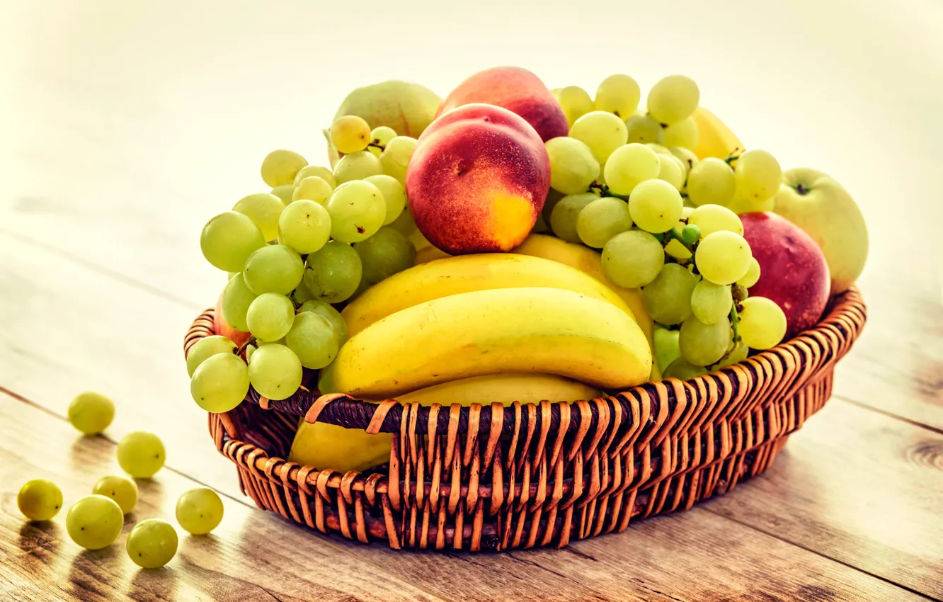Photo wallpaper apples, grapes, bananas, fruit, basket, peaches, bokeh