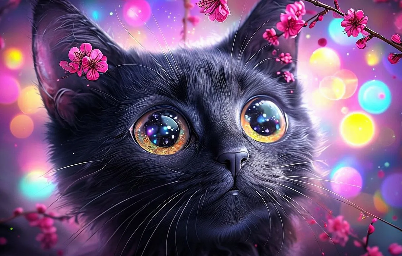 Photo wallpaper cat, reflection, cat, eyes, face, bokeh, digital art, digital art