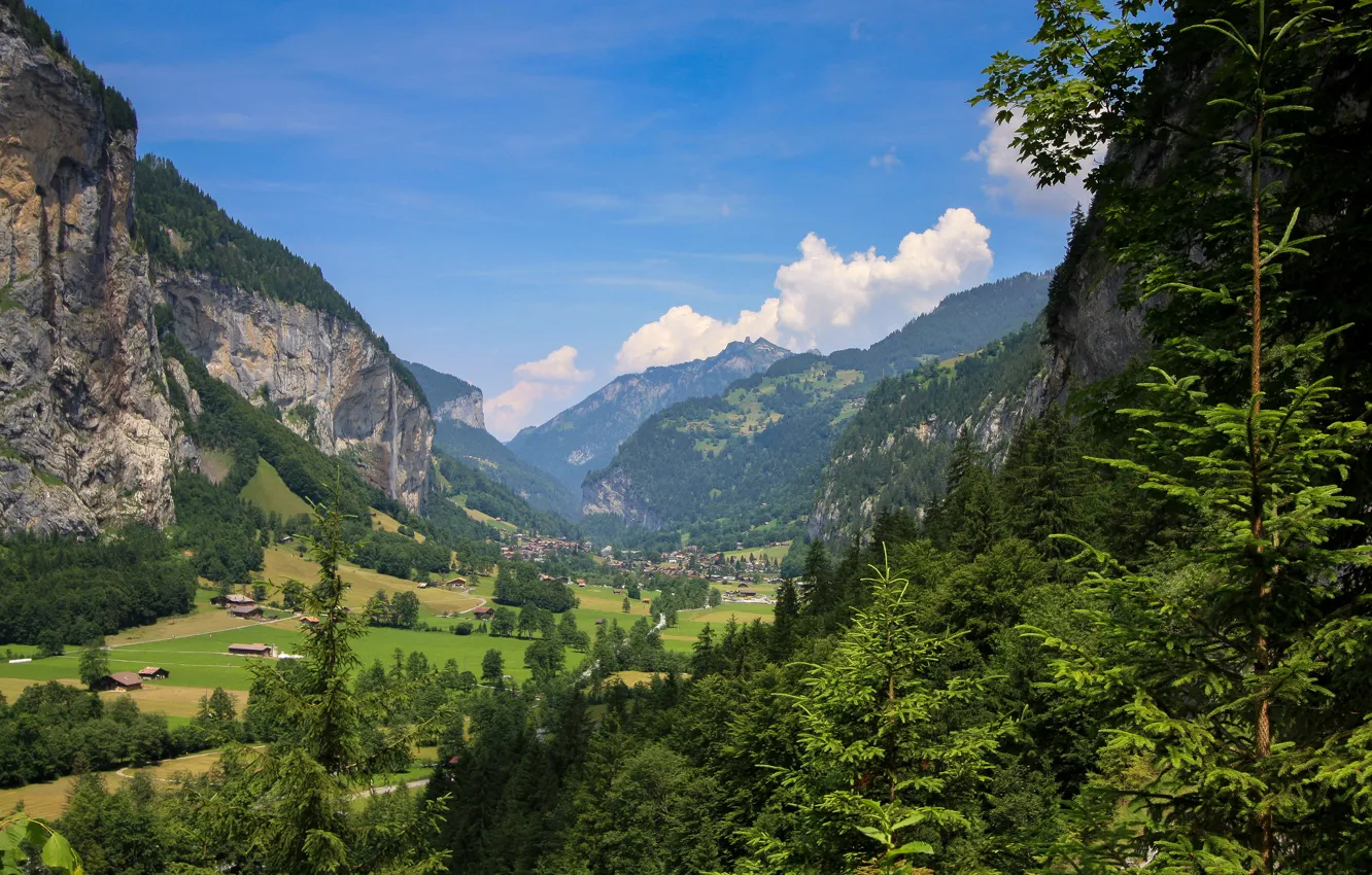 Photo wallpaper trees, mountains, house, Switzerland, valley, Lauterbrunnen