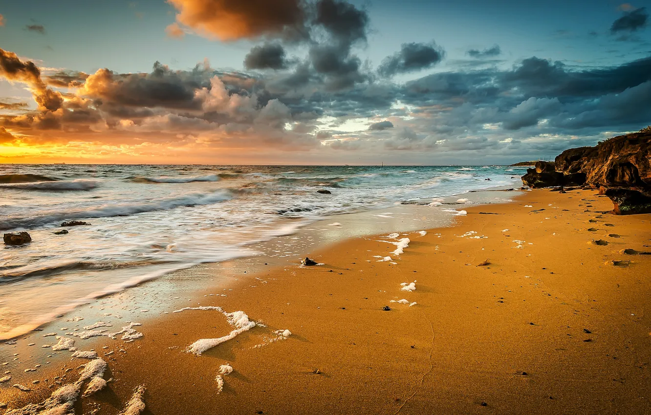 Photo wallpaper sand, sea, wave, beach, foam