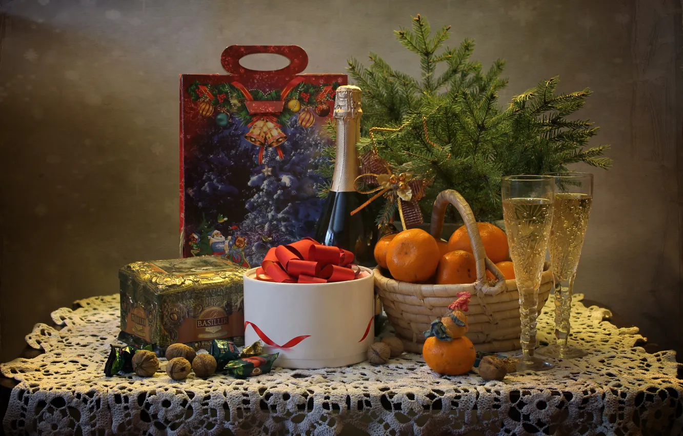 Photo wallpaper branches, table, holiday, bottle, new year, Christmas, glasses, candy