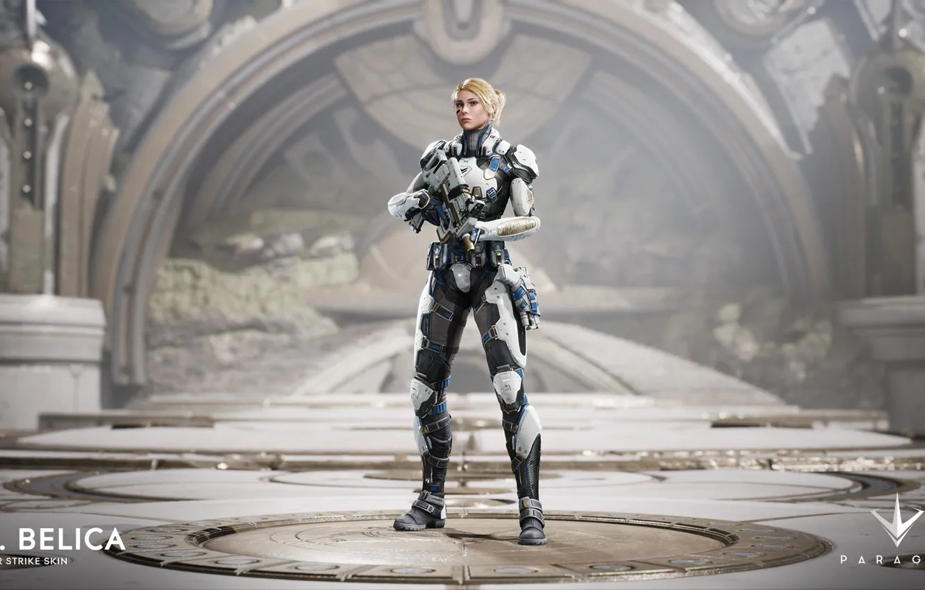 Photo wallpaper Microsoft, gun, game, weapon, blonde, rifle, PS4, Epic Games