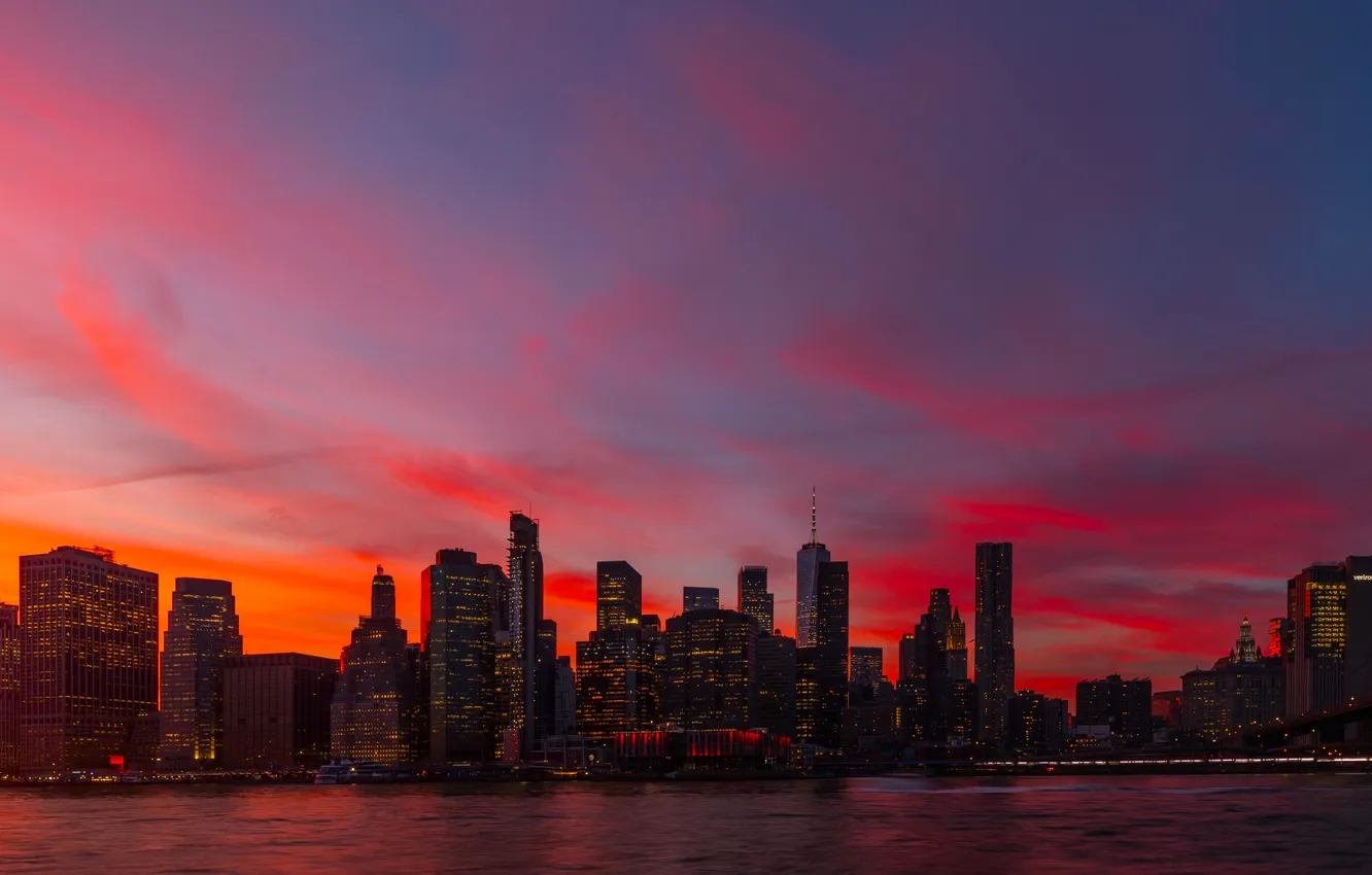 Photo wallpaper city, lights, USA, river, skyline, sky, bridge, sunset