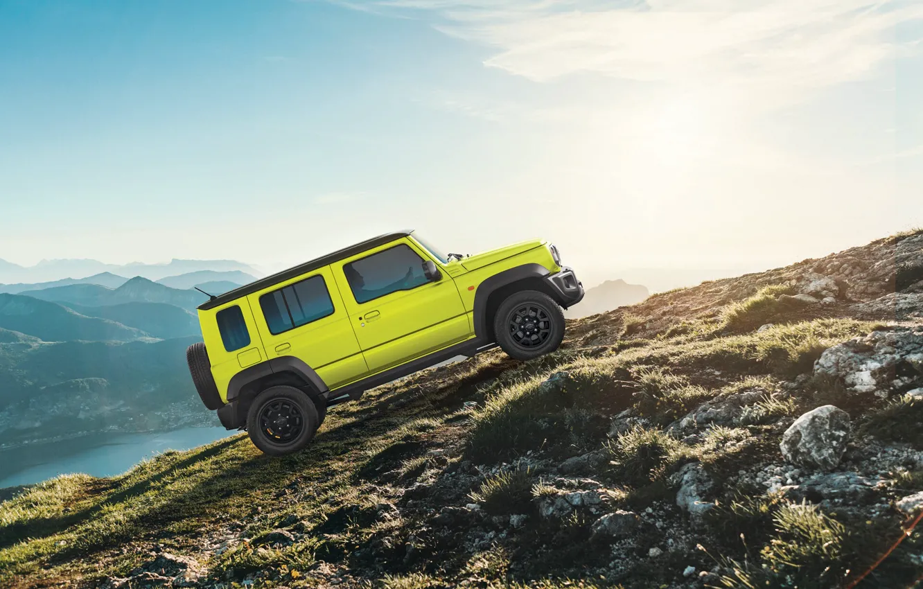 Photo wallpaper the sky, landscape, mountains, tilt, jeep, Suzuki, side view, bokeh