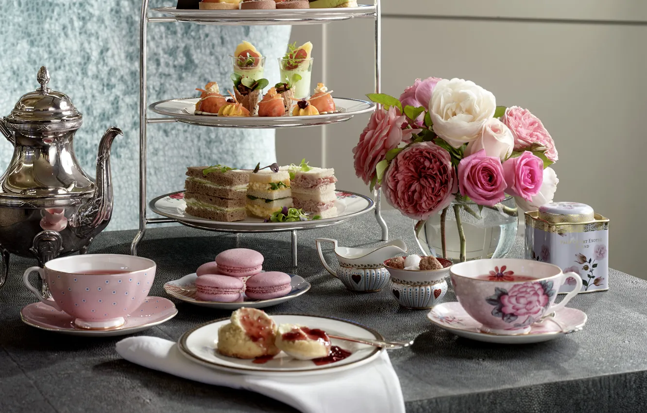 Photo wallpaper flowers, tea, cakes, tradition, afternoon tea, afternoon tea
