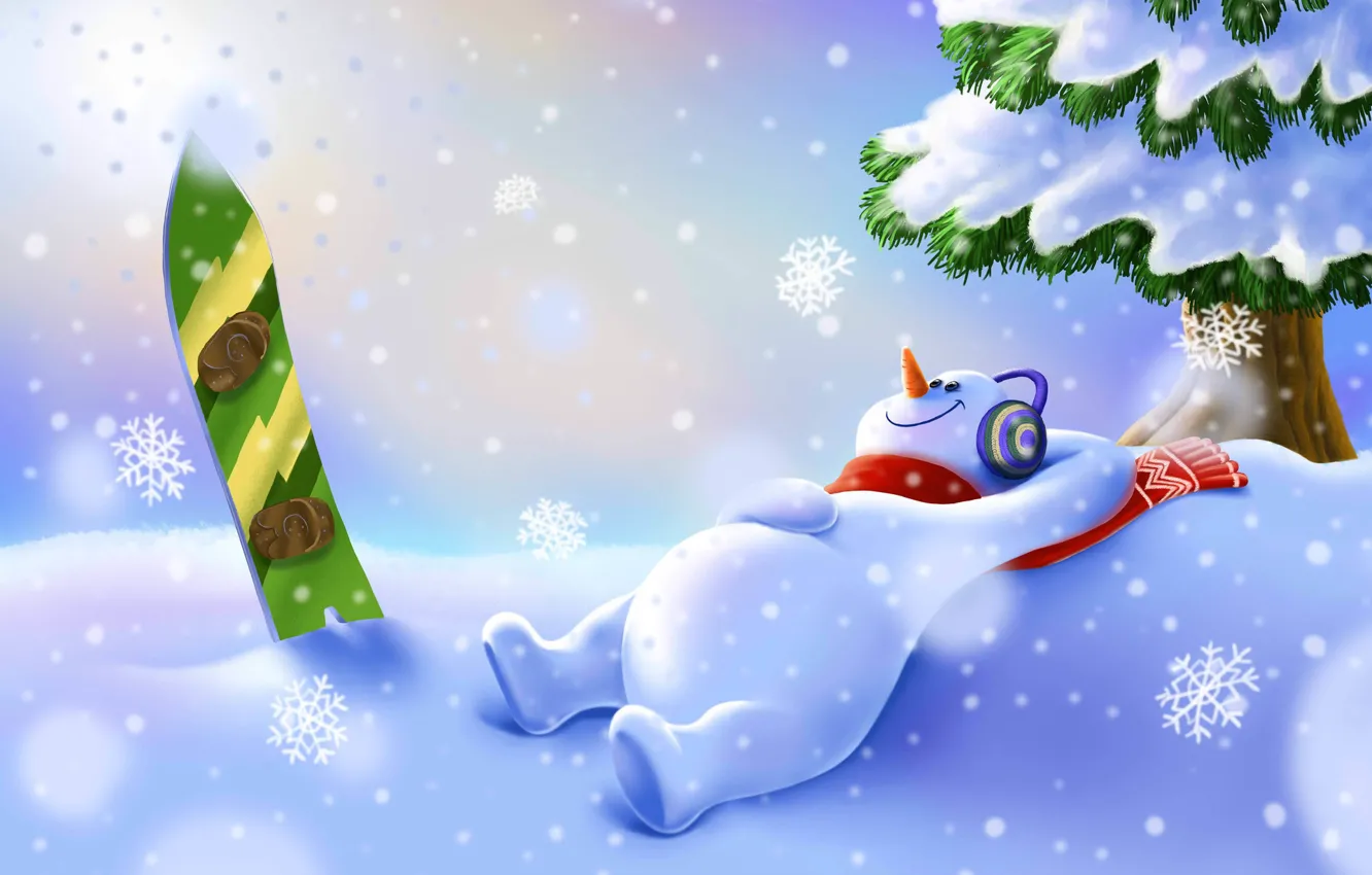 Photo wallpaper winter, snow, snowflakes, background, holiday, new year, Christmas, snowman
