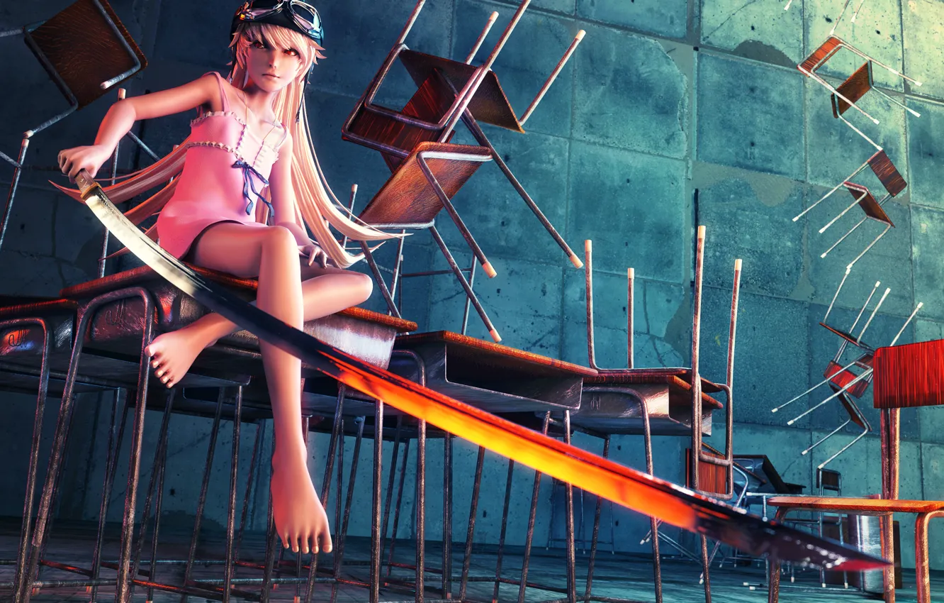 Photo wallpaper girl, weapons, anger, chairs, sword, helmet, art, bakemonogatari