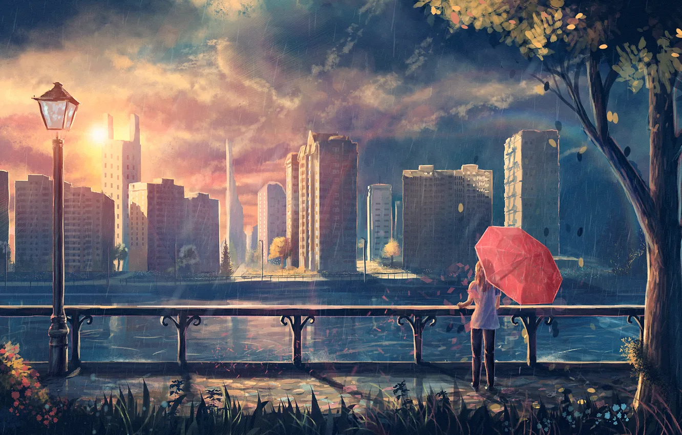 Photo wallpaper girl, trees, the city, rain, foliage, umbrella, art, lights