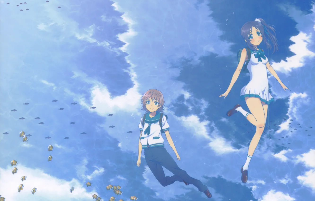 Photo wallpaper fish, underwater world, friends, school uniform, students, blue sky, Like no Asukara, Once calm sea