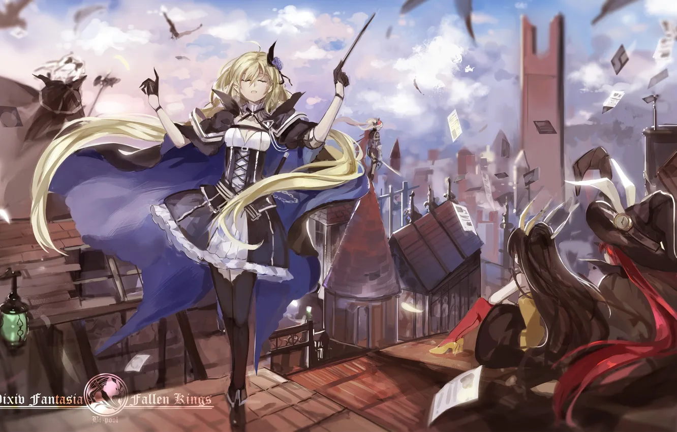 Photo wallpaper roof, the sky, girl, clouds, the city, home, hat, anime