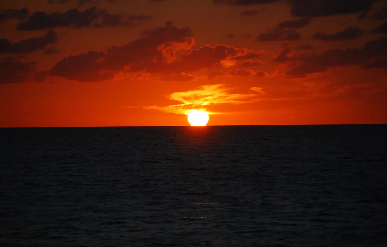 Photo wallpaper sea, clouds, sunset, horizon, orange sky
