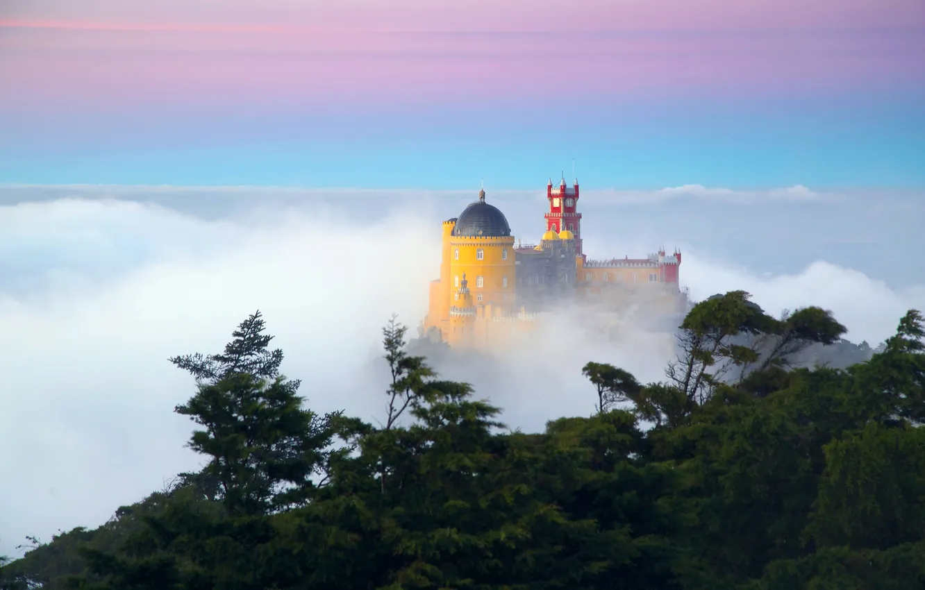 Photo wallpaper the sky, foam, clouds, trees, fog, castle, morning, Portugal
