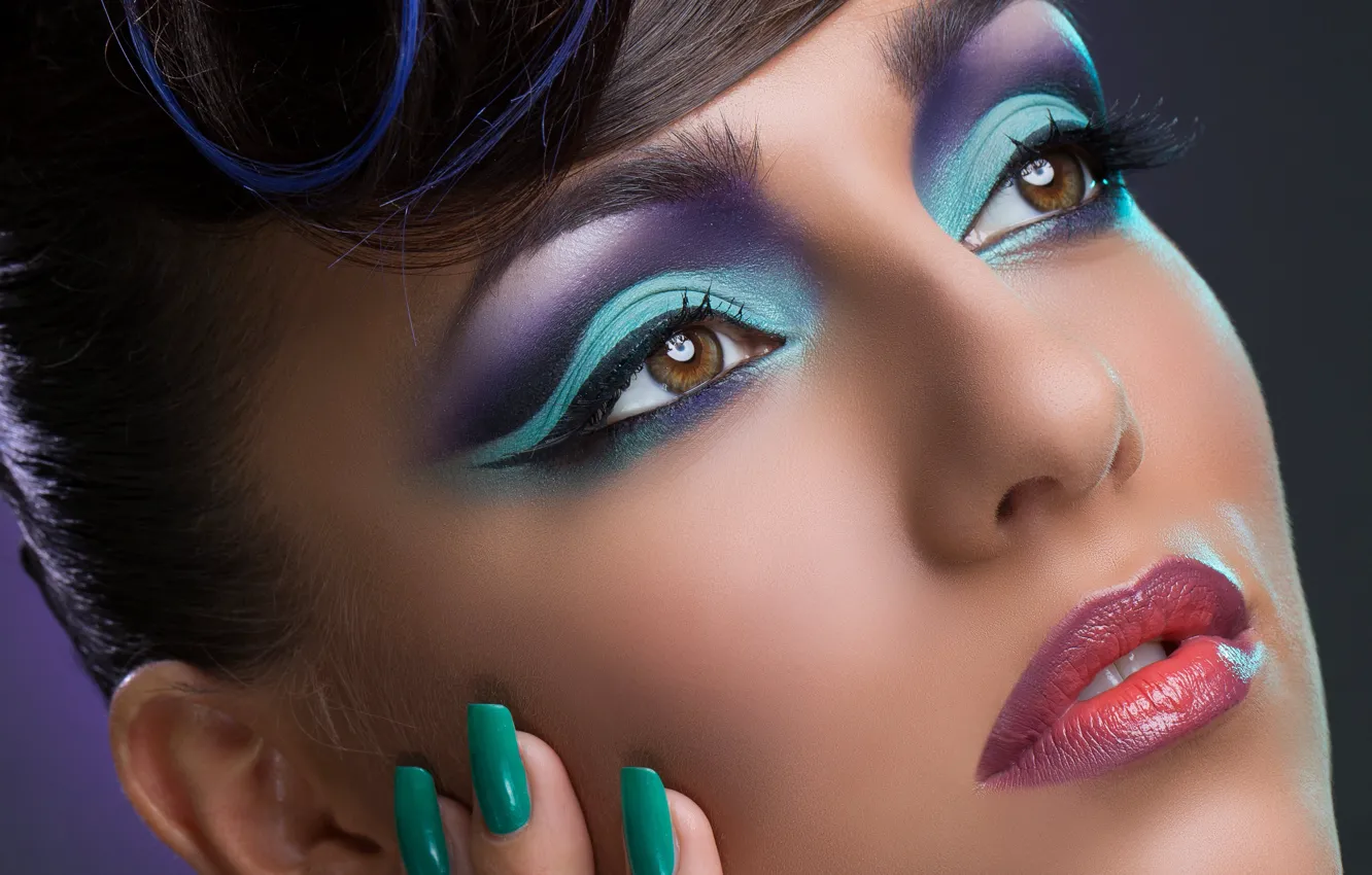 Photo wallpaper eyelashes, shadow, hands, hairstyle, lips, brown eyes, manicure, girl. makeup