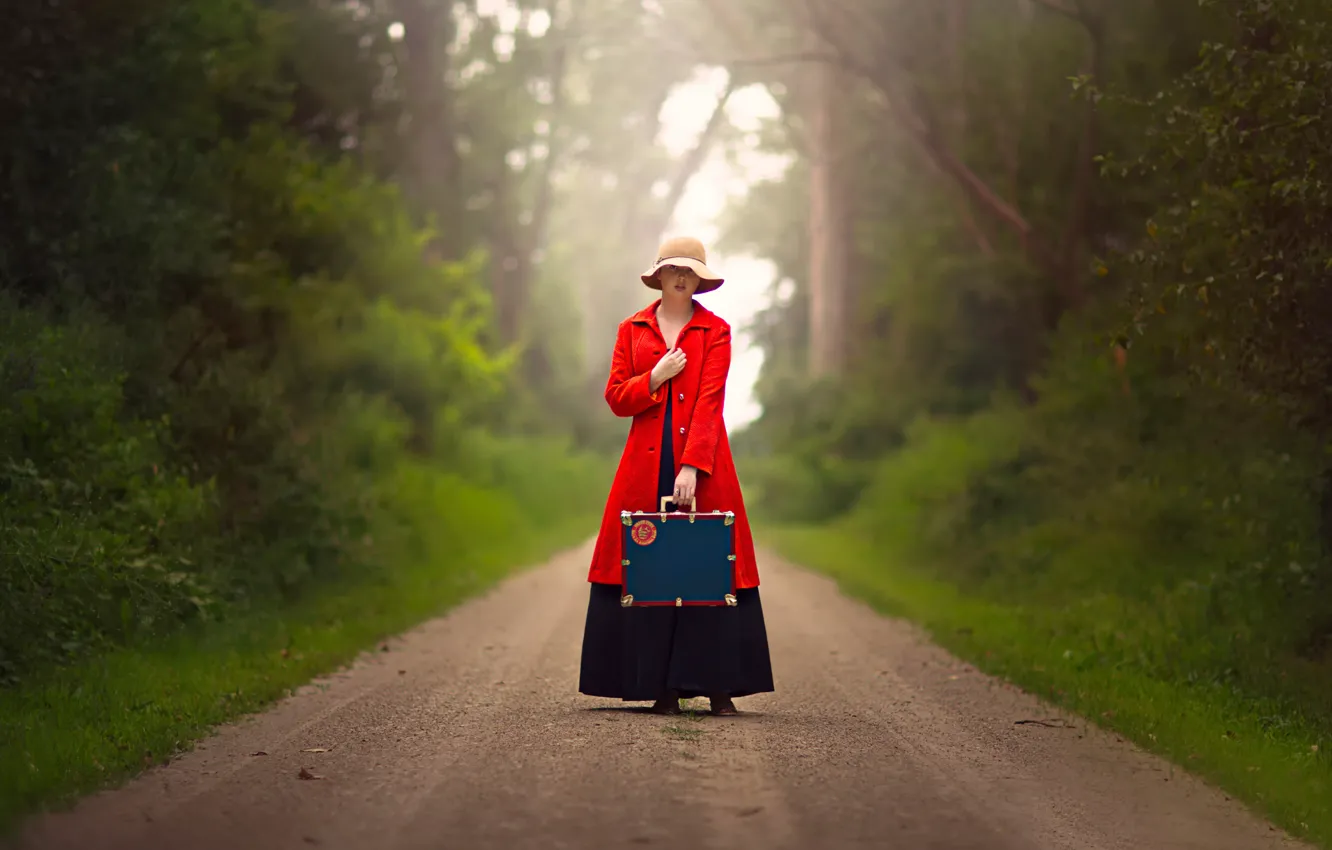 Photo wallpaper road, girl, suitcase, hat, in red