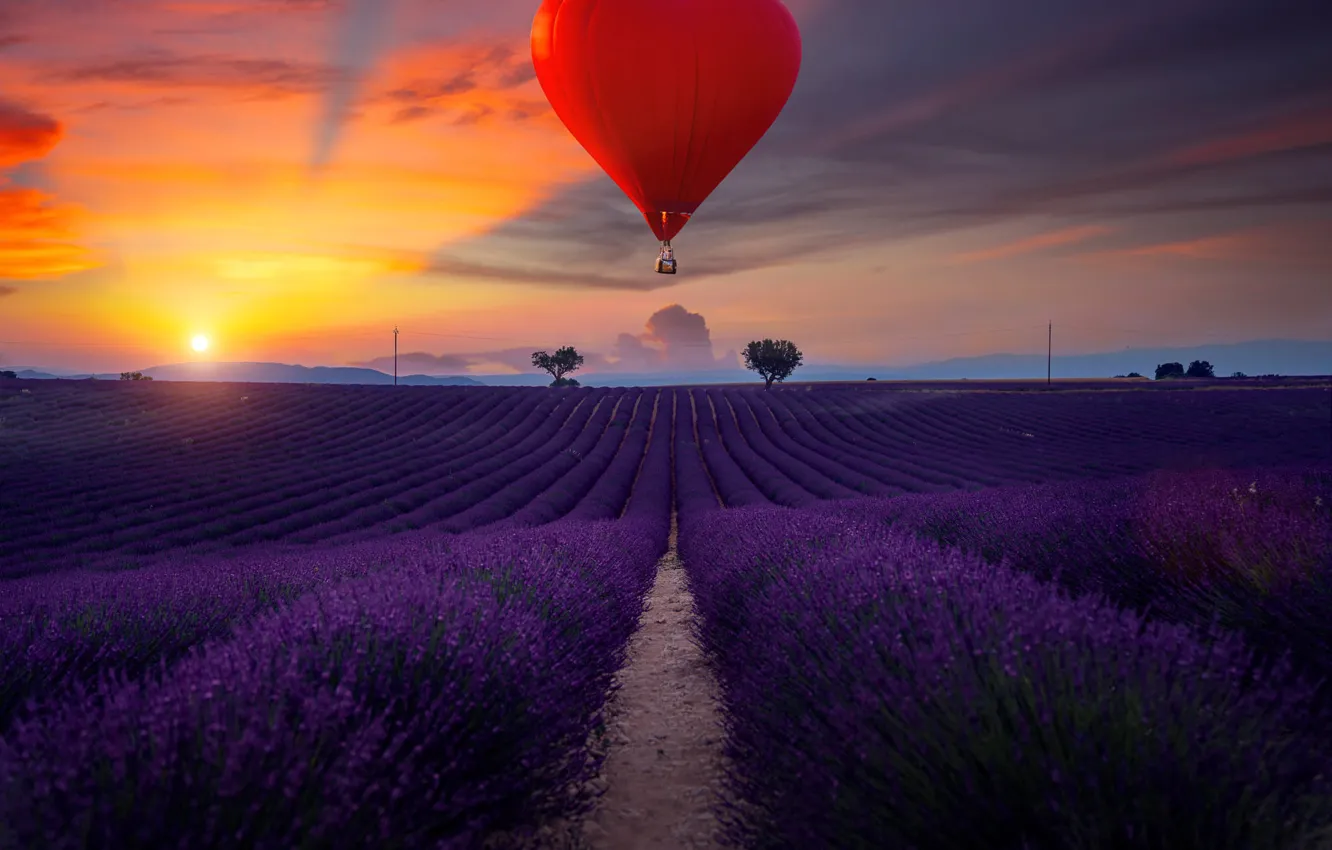 Photo wallpaper field, landscape, sunset, nature, balloon, heart, France, the evening