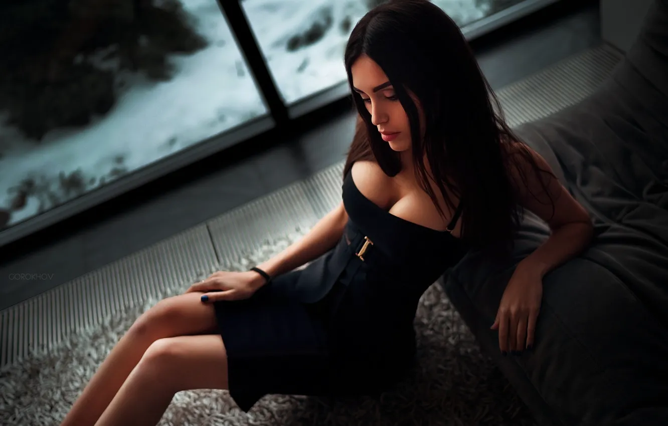 Photo wallpaper hot, boobs, model, brunette, black dress