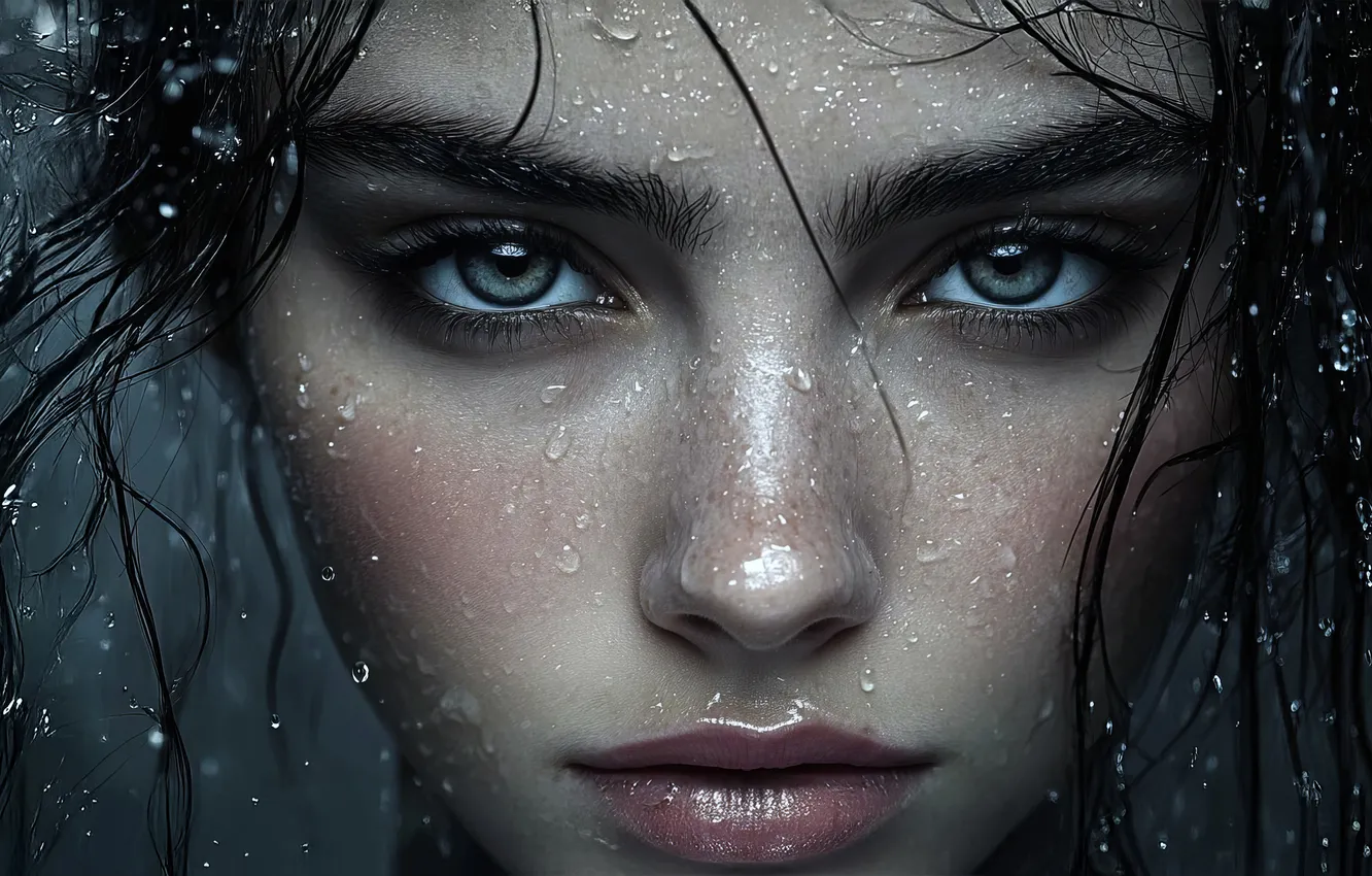 Photo wallpaper look, water, girl, drops, face, pose, portrait, brunette