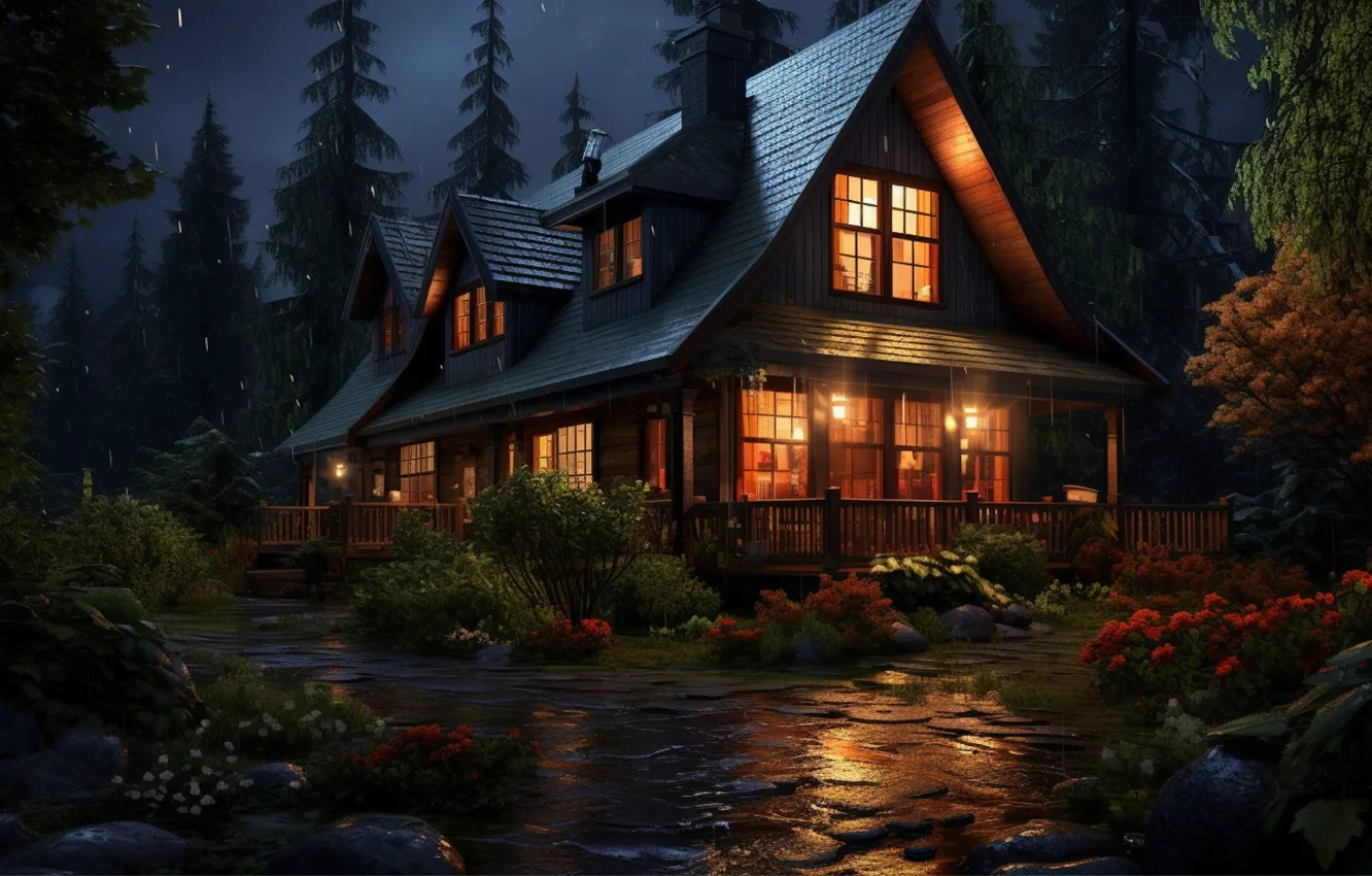 Photo wallpaper forest, summer, drops, flowers, night, nature, lights, stones